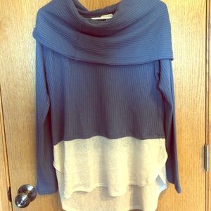 Blue & taupe cowl neck sweater